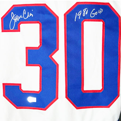 Jim Craig Signed 1980 Gold Inscription Team White Hockey Jersey (Beckett)