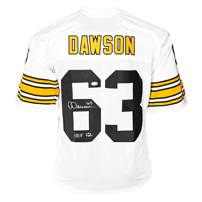 Dermontti Dawson Signed HOF 12 Inscription Pittsburgh White Football Jersey (JSA)