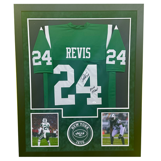 Darrelle Revis Signed Revis Island New York Green Custom Double-Suede Framed football Jersey (JSA)