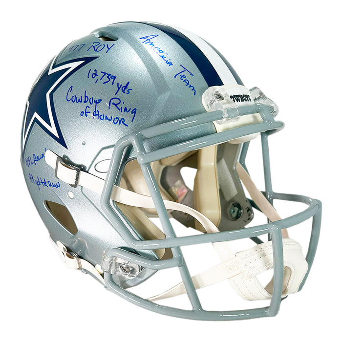 Tony Dorsett Signed Stats Inscription Dallas Cowboys Authentic Speed Full-Size Football Helmet (Beckett)