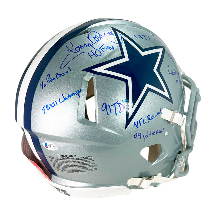 Tony Dorsett Signed Stats Inscription Dallas Cowboys Authentic Speed Full-Size Football Helmet (Beckett)