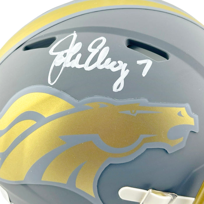 John Elway Signed White Ink Denver Broncos Slate Alternate Speed Mini Football Helmet (Beckett)
