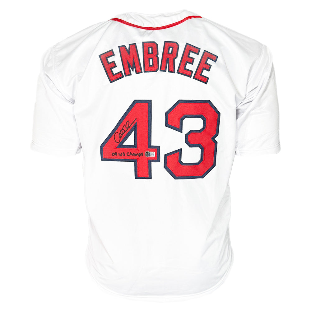 Alan Embree Signed 04 WS Champs Inscription Boston White Baseball Jersey (Beckett)