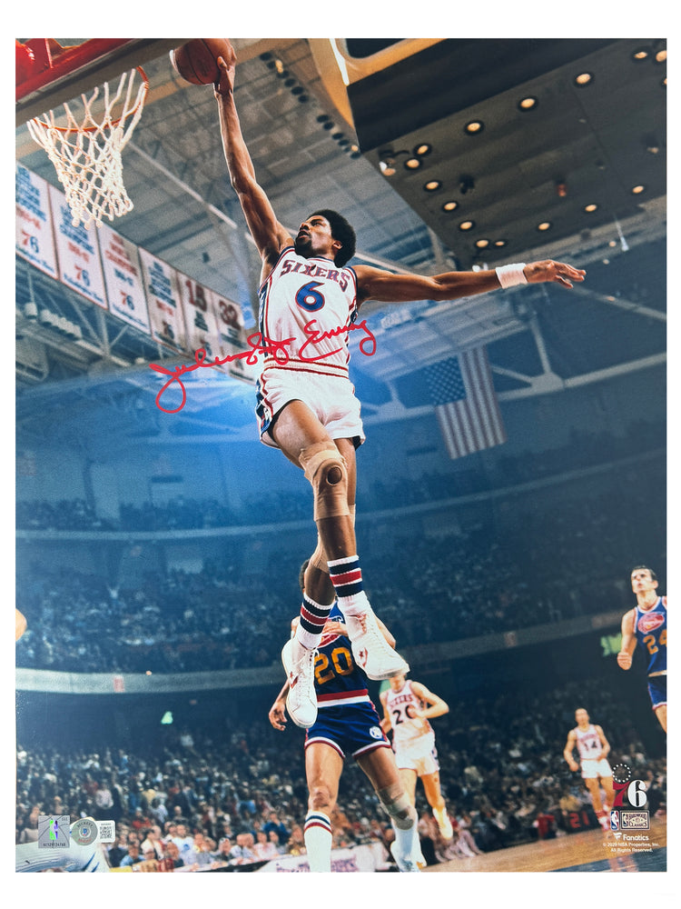 Julius "Dr. J" Erving Signed Philadelphia 76ers Pose 1 Basketball 16x20 Photo Red Ink (Beckett)