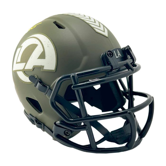 Marshall Faulk Signed HOF 20XI Yellow Ink Inscription Los Angeles Rams Salute to Service Mini Football Helmet (Beckett)