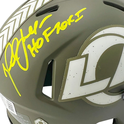 Marshall Faulk Signed HOF 20XI Yellow Ink Inscription Los Angeles Rams Salute to Service Mini Football Helmet (Beckett)