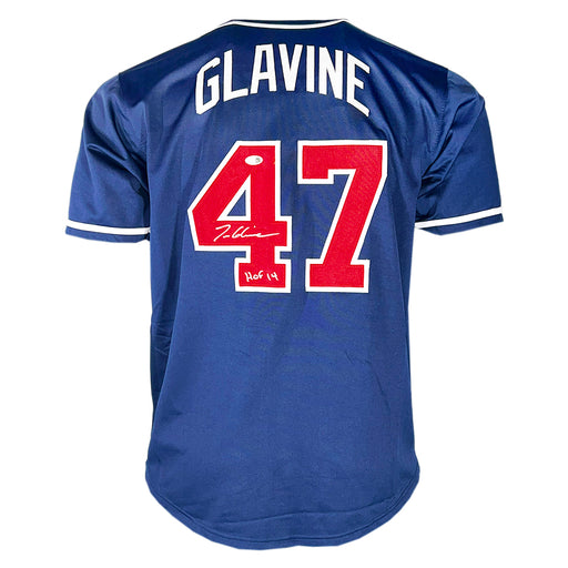 Tom Glavine Signed HOF 14 Inscription Atlanta Navy Baseball Jersey (JSA)