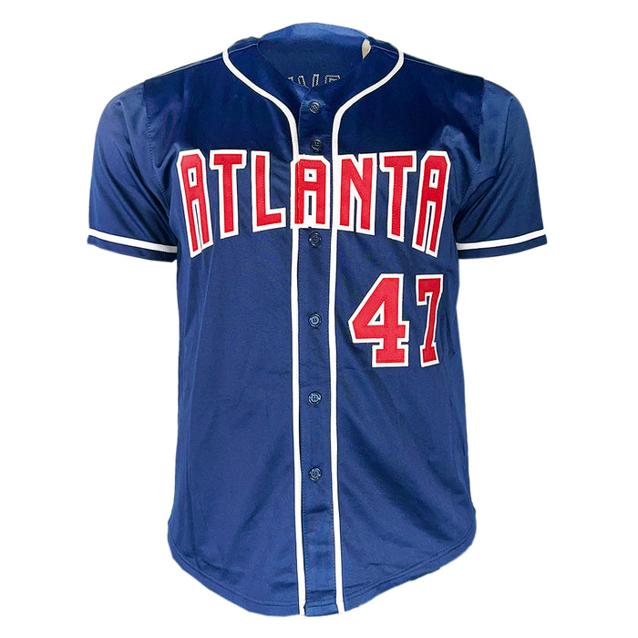 Tom Glavine Signed HOF 14 Inscription Atlanta Navy Baseball Jersey (JSA)