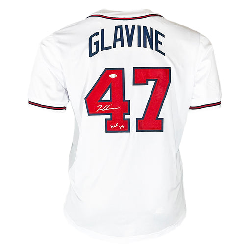 Tom Glavine Signed HOF 14 Inscription Atlanta White Baseball Jersey (JSA)