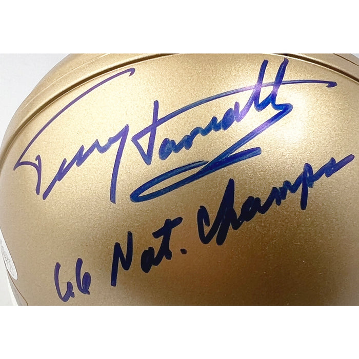Terry Hanratty Signed 1966 Nat'l Champs Inscription Notre Dame Fighting Irish Mini Football Helmet (JSA)