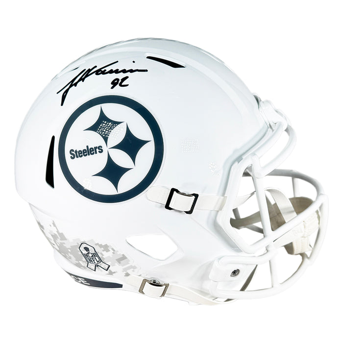 James Harrison Signed Pittsburgh Steelers Salute to Service 2024 Full-Size Replica Football Helmet (Beckett)