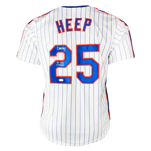 Danny Heep Signed 86 WS Champs Inscription New York Pinstripe Baseball Jersey (JSA)