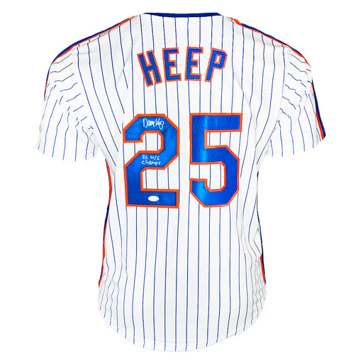 Danny Heep Signed 86 WS Champs Inscription New York Pinstripe Baseball Jersey (JSA)