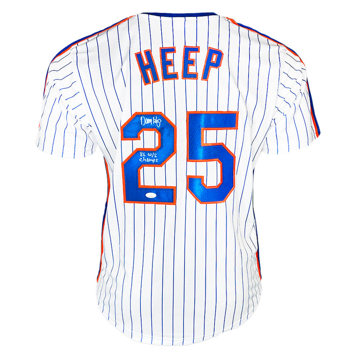 Danny Heep Signed 86 WS Champs Inscription New York Pinstripe Baseball Jersey (JSA)