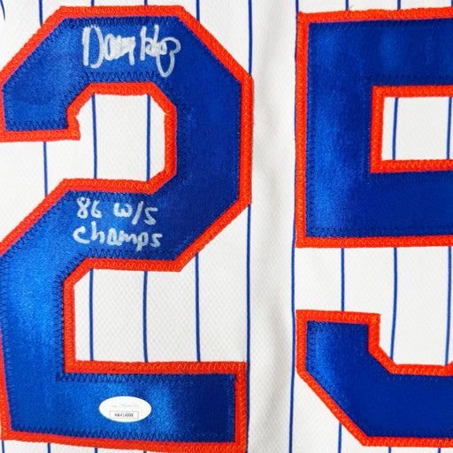 Danny Heep Signed 86 WS Champs Inscription New York Pinstripe Baseball Jersey (JSA)