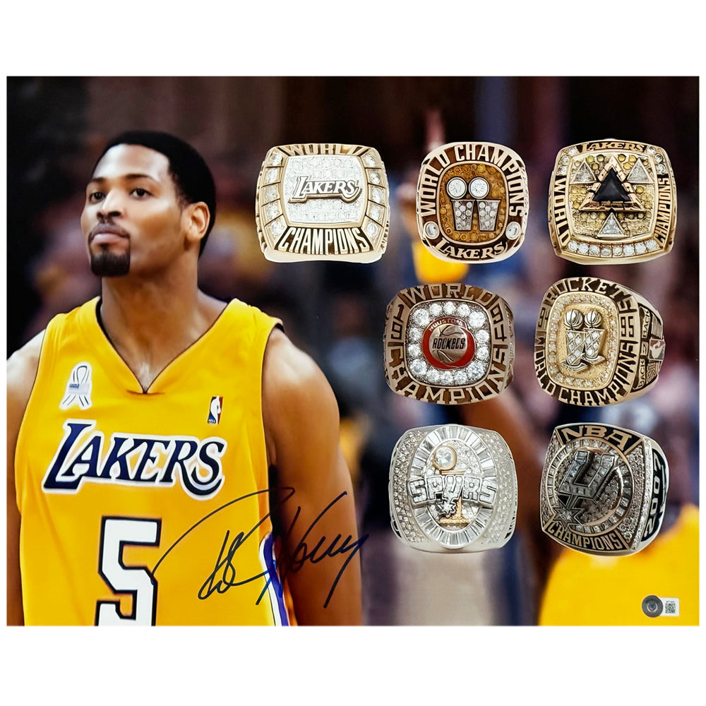Robert Horry Signed Los Angeles Ring Collage 16x20 Photo (Beckett)