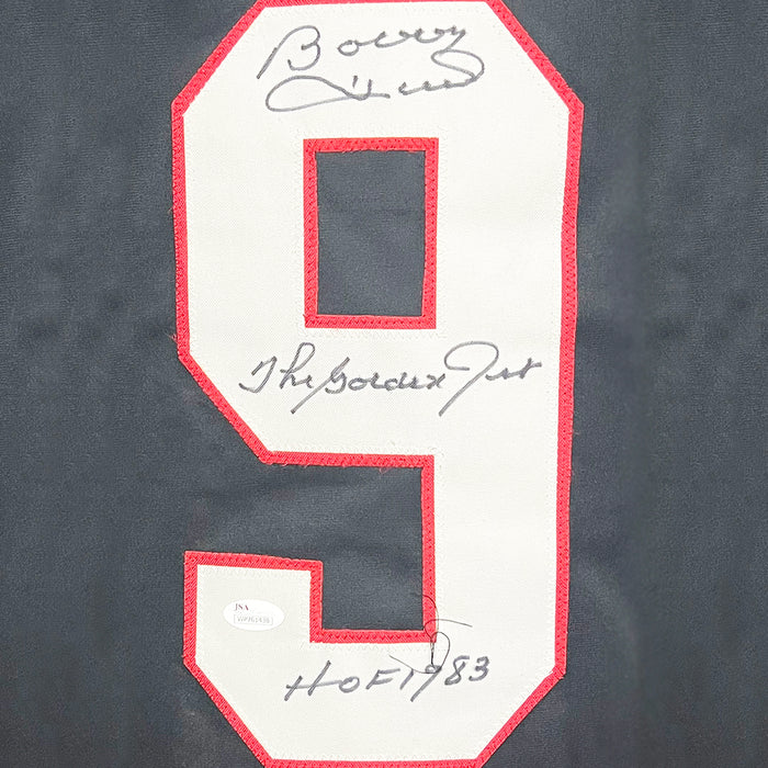 Bobby Hull Signed The Golden Jet, HOF 1983 Inscription Chicago Black Hockey Jersey (JSA)