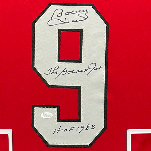 Bobby Hull Signed HOF 1983 Chicago Red Custom Double-Suede Framed hockey Jersey (JSA)