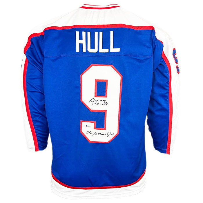 Bobby Hull Signed The Golden Jet Inscription Winnipeg Blue Hockey Jersey (Beckett) - RSA