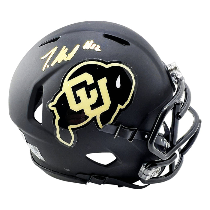 colorado football black helmets Travis Hunter Signed Colorado Buffaloes Speed Mini Black Football Helmet (Beckett)