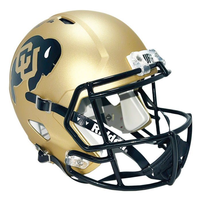 Travis Hunter Signed Colorado Buffaloes Speed Full-Size Replica Gold Football Helmet (Beckett)