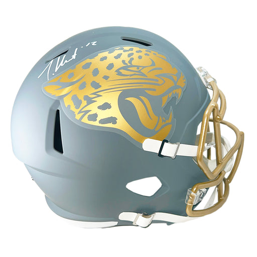 Travis Hunter Signed Jacksonville Jaguars Slate Alternate Speed Full-Size Replica Football Helmet (Beckett)