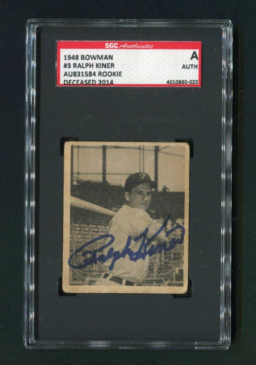 1948 Bowman Ralph Kiner #3 SGC Signed Rookie Baseball Card - RSA