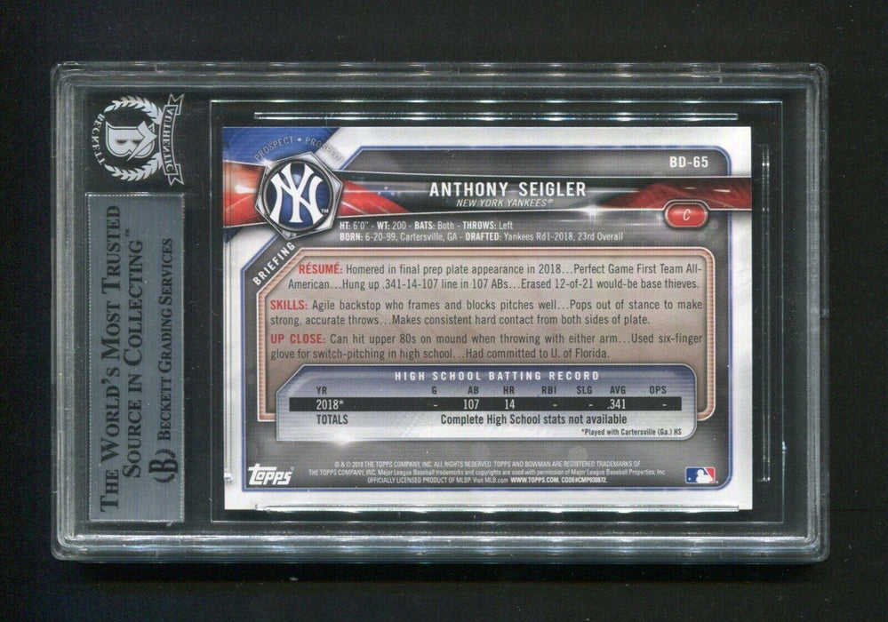 2018 Bowman Draft Anthony Seigler #BD65 BGS Signed Rookie Baseball Card - RSA