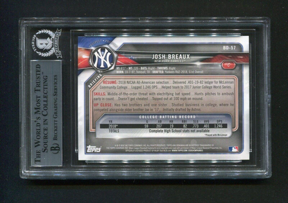 2018 Bowman Draft Josh Breaux #BD57 BGS Signed Rookie Baseball Card - RSA