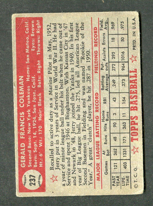 1952 Topps #237 Jerry Coleman Baseball Card - RSA