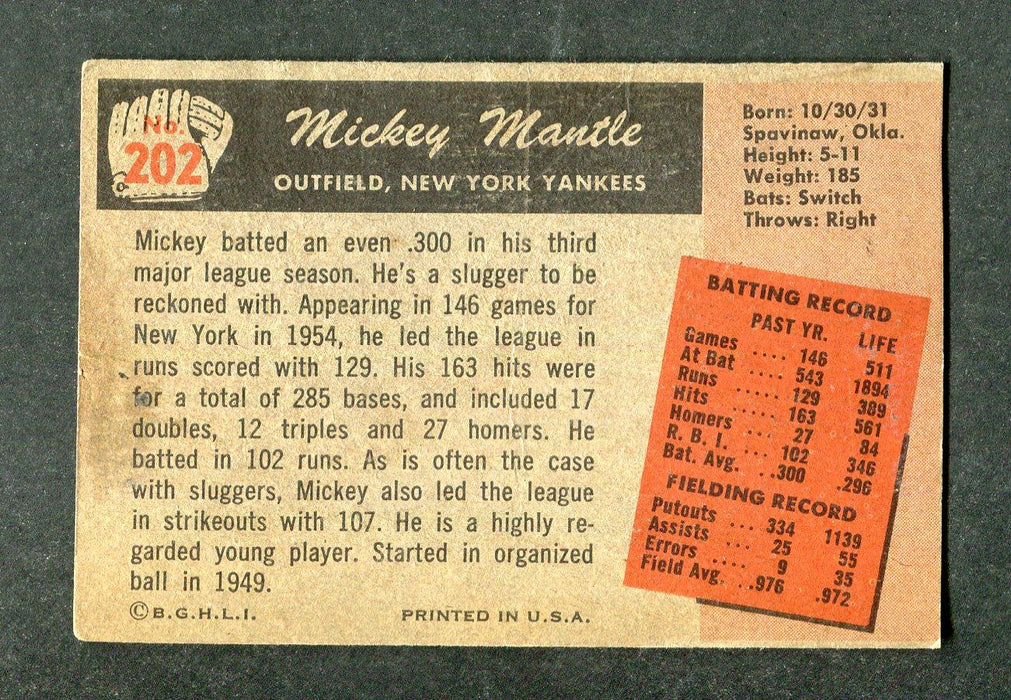1955 Bowman #202 Mickey Mantle Yankees Baseball Card - RSA