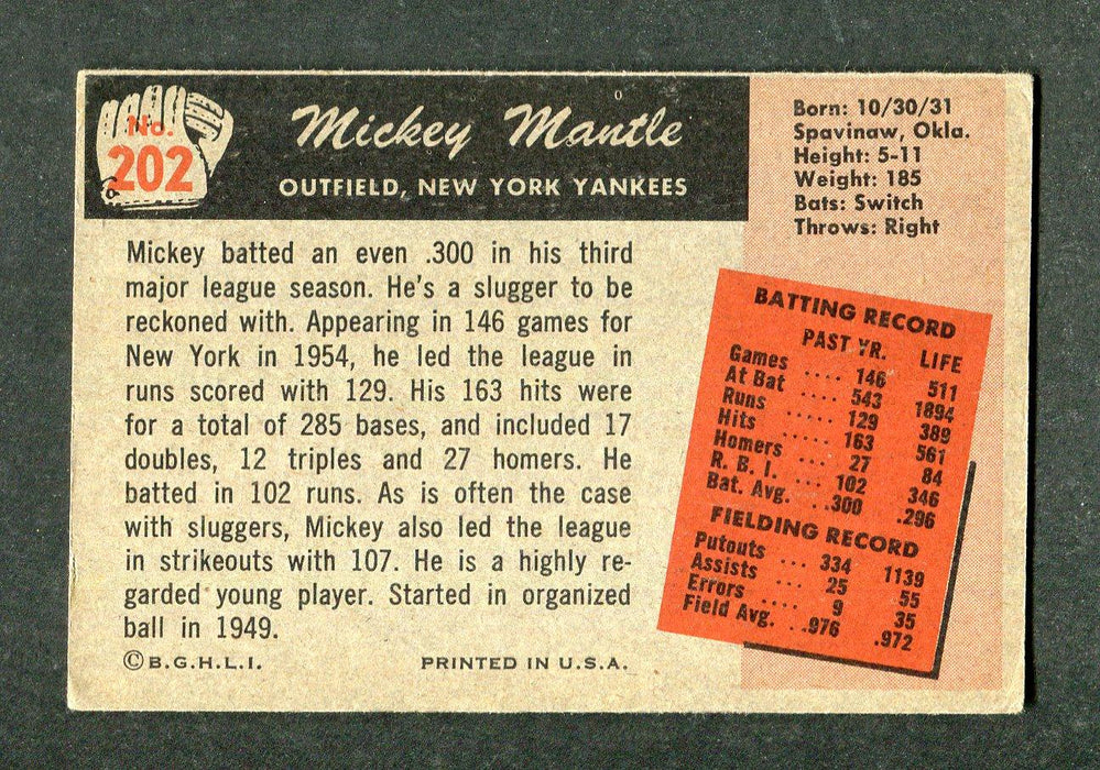 1955 Bowman #202 Mickey Mantle Yankees Baseball Card - RSA