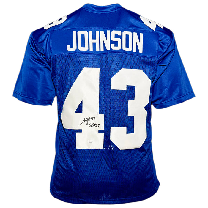 Michael Johnson Signed SB XLII Inscription New York Blue Football Jersey (JSA)