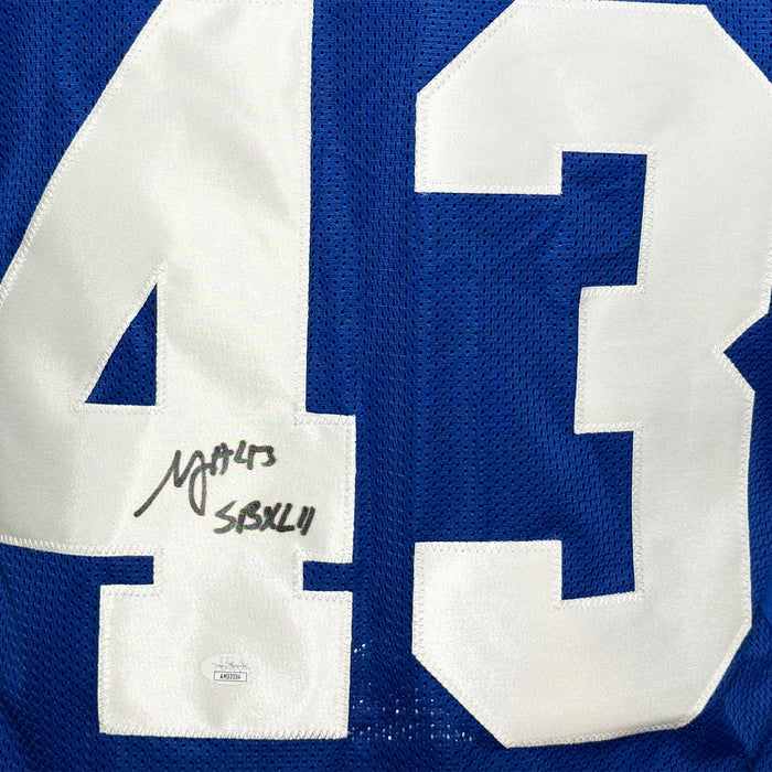 Michael Johnson Signed SB XLII Inscription New York Blue Football Jersey (JSA)