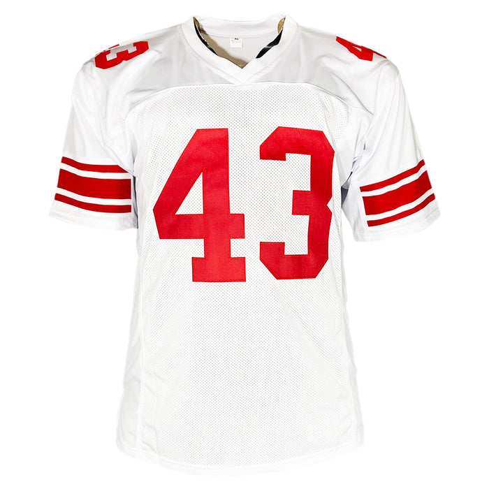 Michael Johnson Signed SBXLII Inscription New York White Football Jersey (JSA)