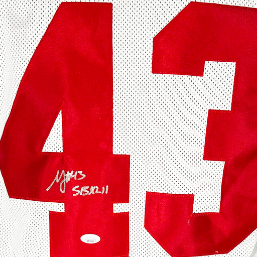Michael Johnson Signed SBXLII Inscription New York White Football Jersey (JSA)