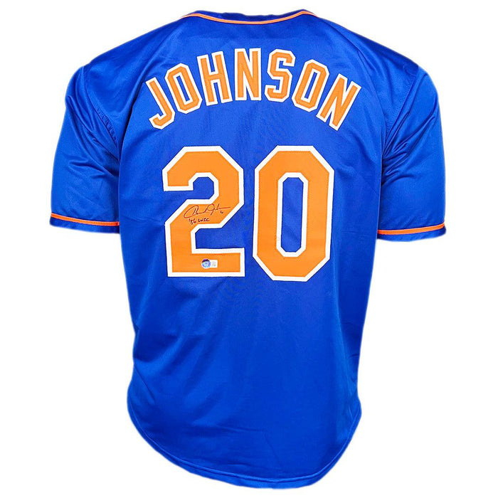 Howard Johnson Signed 86 WSC Inscription New York Blue Baseball Jersey (Beckett) - RSA