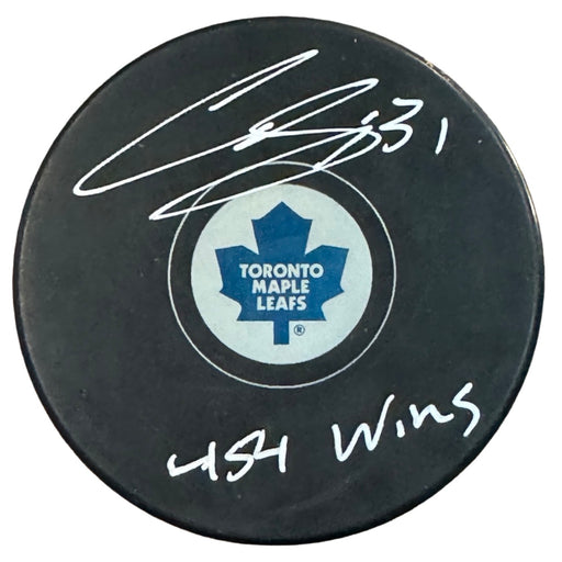 Curtis Joseph Signed 454 Wins Inscription Toronto Maple Leafs Hockey Puck (JSA)