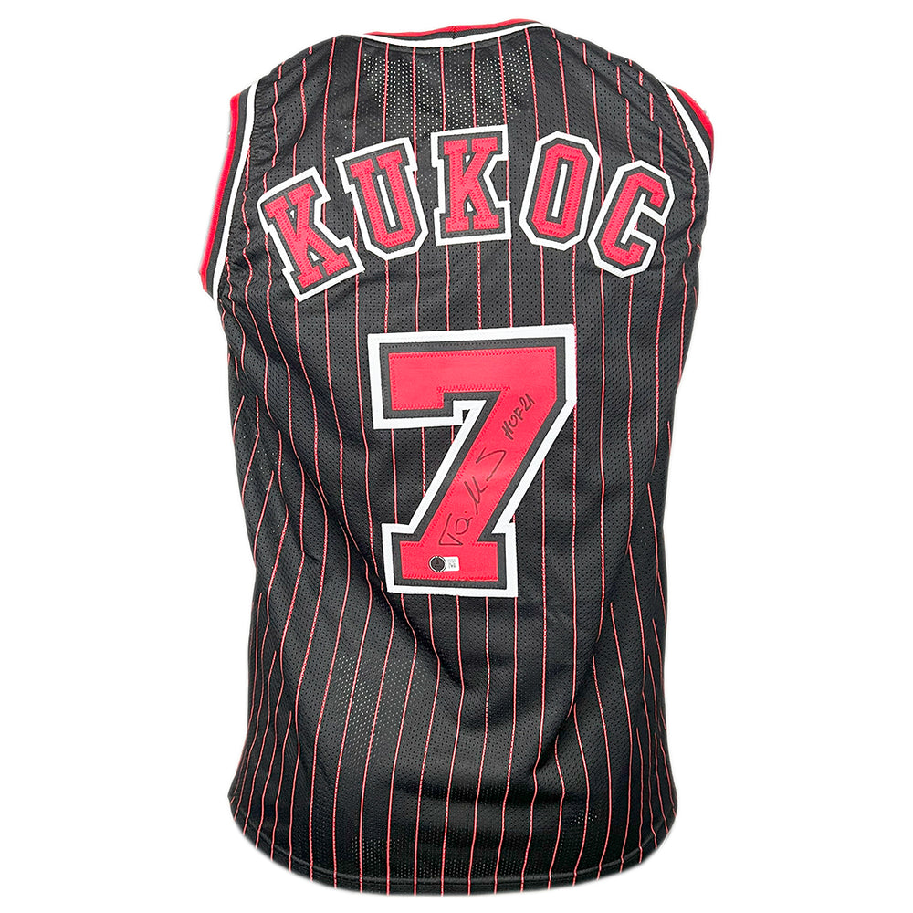 Toni Kukoc Signed HOF 21 Inscription Chicago Pinstripe Basketball Jersey (Beckett)