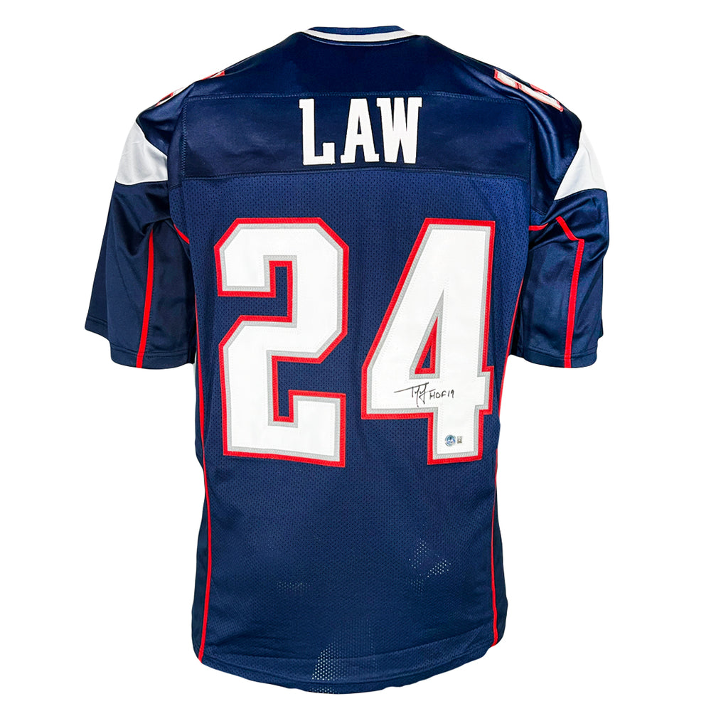 Ty Law Signed HOF 19 Inscription New England Navy Football Jersey (Beckett)