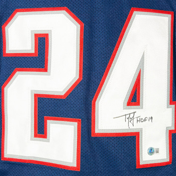 Ty Law Signed HOF 19 Inscription New England Navy Football Jersey (Beckett)