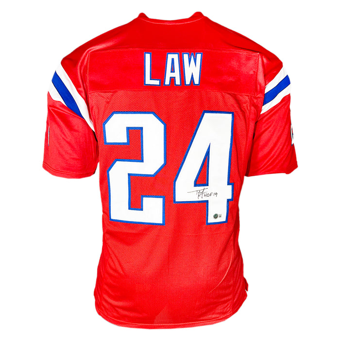 Ty Law Signed HOF 19 Inscription New England Red Football Jersey (Beckett)