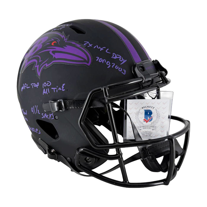 Ray Lewis Signed Stats Inscription Baltimore Ravens Authentic Eclipse Full-Size Football Helmet (Beckett)