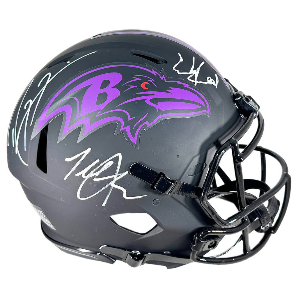 Ray Lewis Ed Reed & Terrell Suggs Signed Baltimore Ravens Authentic Eclipse Speed Full-Size Football Helmet (Beckett)