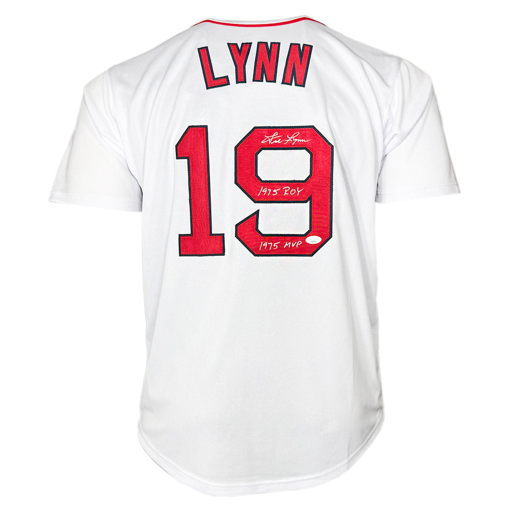 Fred Lynn Signed 1975 ROY 1975 MVP Inscription Boston White Baseball Jersey (JSA)