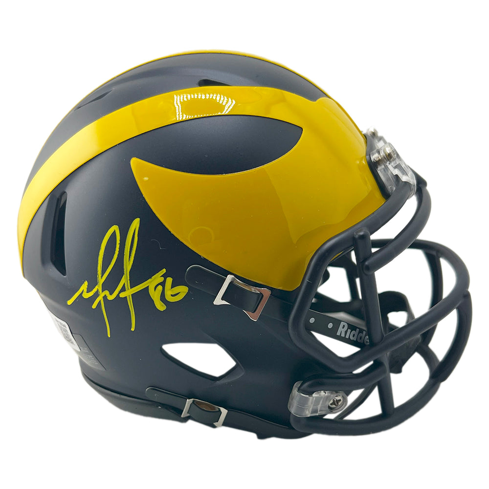 Mario Manningham Signed Yellow Ink Inscription Michigan Wolverines Speed Mini Football Helmet (Beckett)