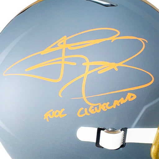 Johnny Manziel Signed F*** Cleveland Inscription Cleveland Browns Slate Alternate Speed Full-Size Replica Football Helmet (Beckett)