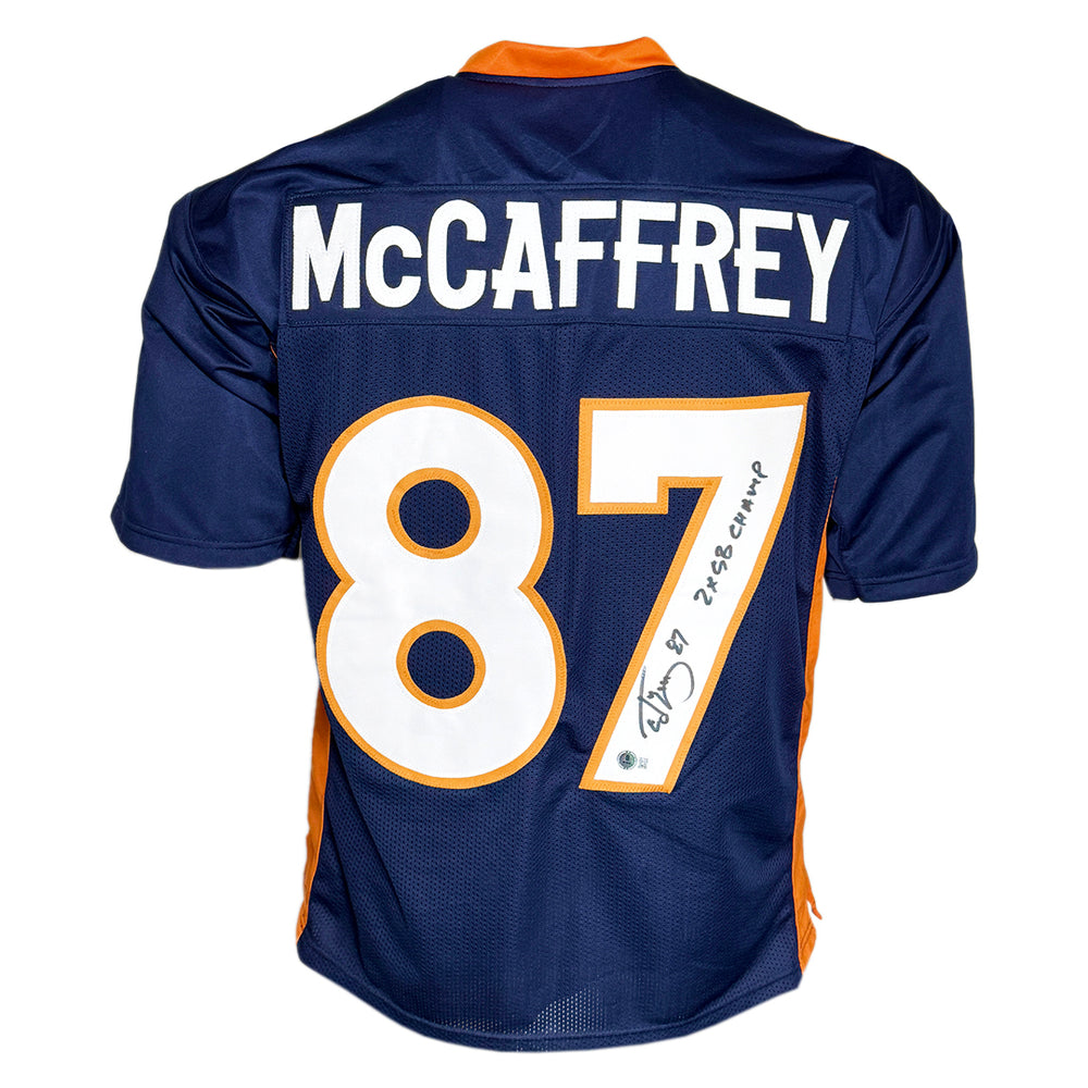 Ed McCaffrey Signed 2x SB Champs Inscription Denver Blue Football Jersey (JSA)
