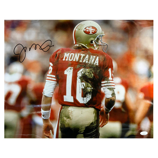 Joe Montana Signed San Francisco 49ers Muddy from Behind Football 16x20 Photo (JSA)