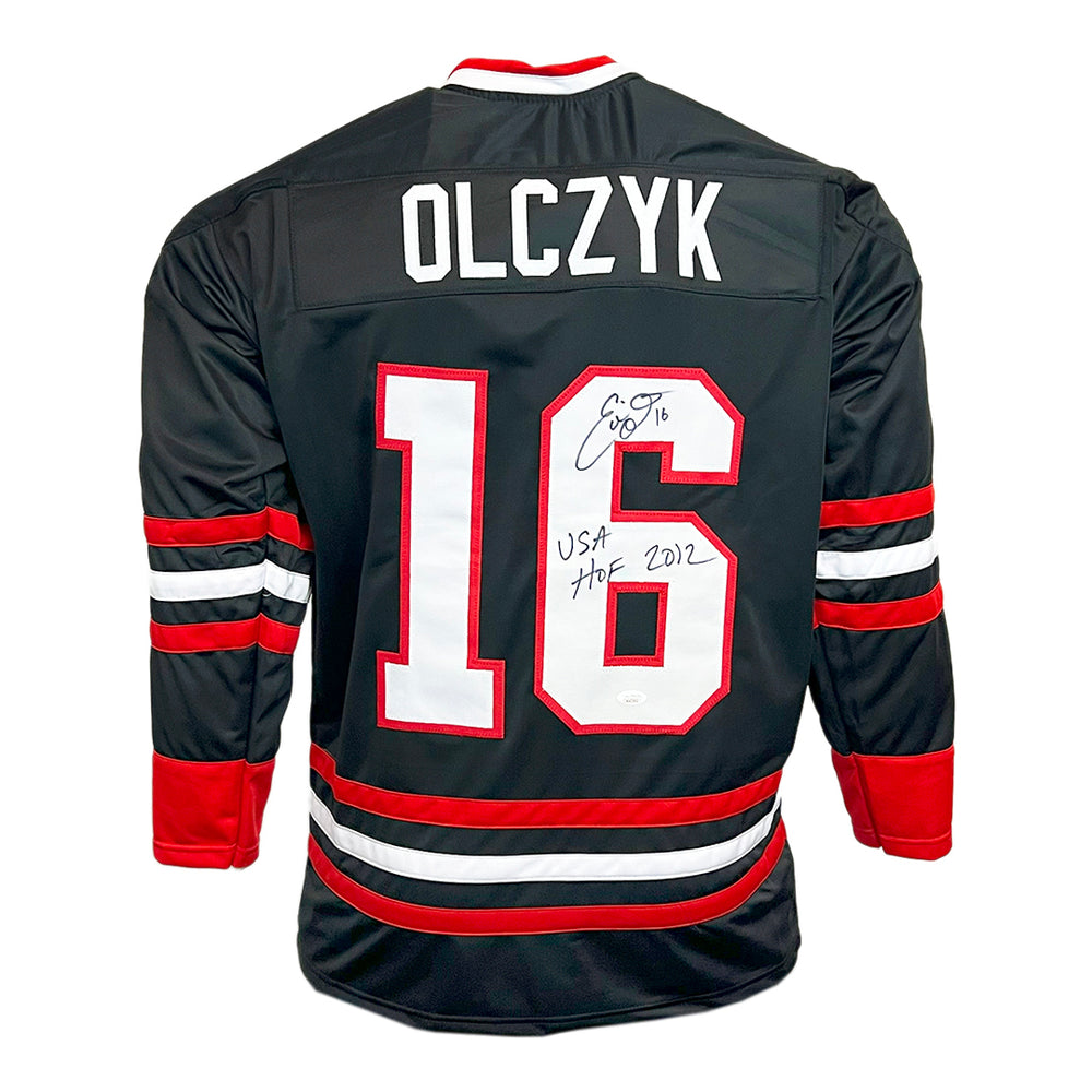 Eddie Olczyk Signed HOF 2012 Inscription Chicago Black Hockey Jersey (JSA)